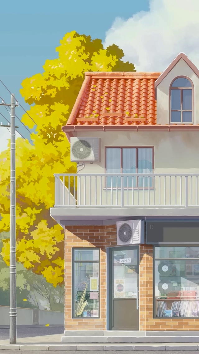 治愈插画日系街道路口咖啡屋