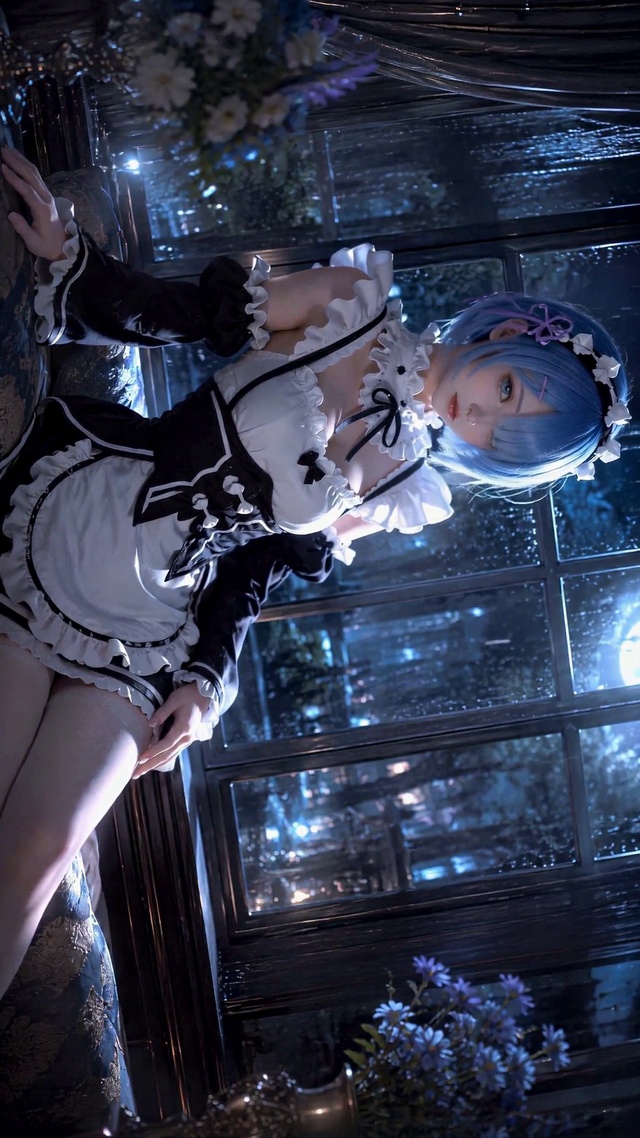 雨夜窗边蓝发女仆少女
