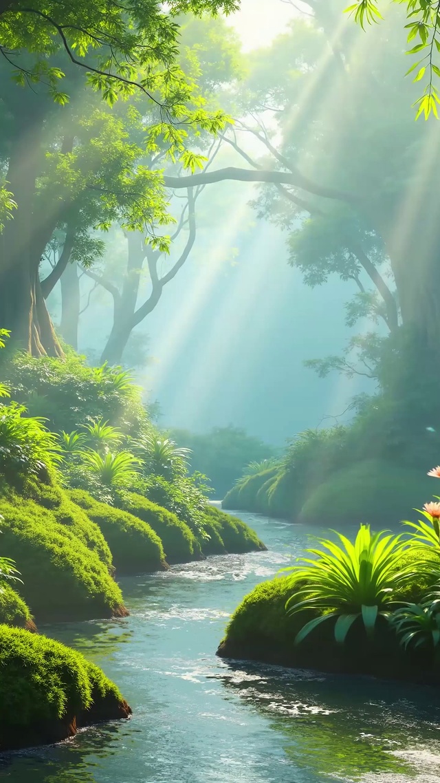 清新治愈森林阳光小溪流