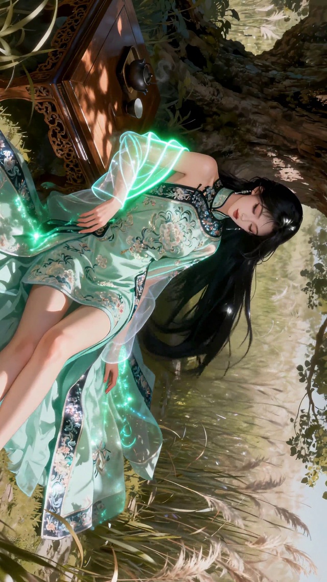 户外闲坐的古风旗袍美女