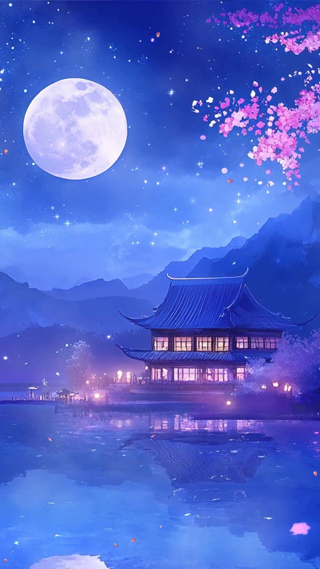 古风樱花树木夜景
