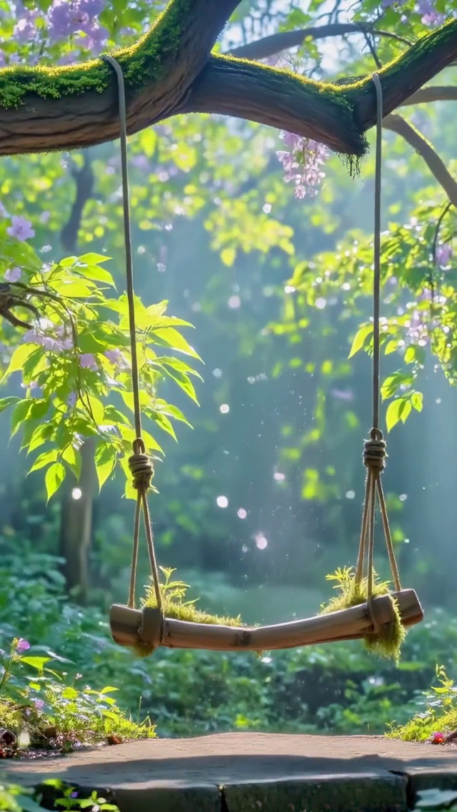 林间紫藤花下的秋千