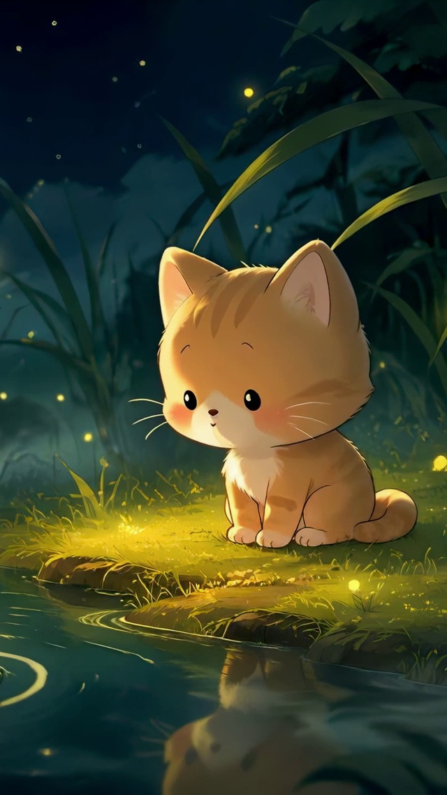 月夜荷塘边的小橘猫