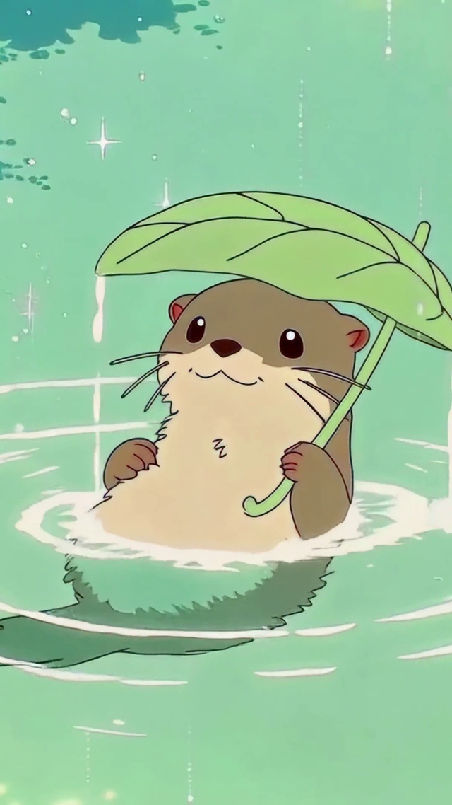 雨中撑叶的可爱水獭