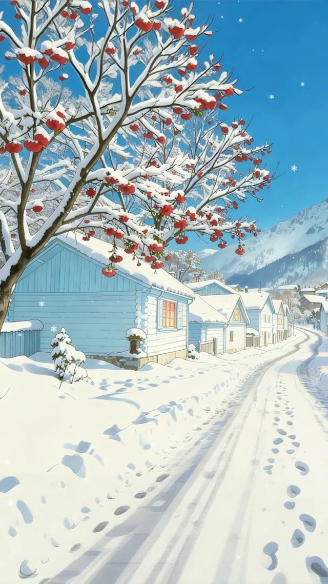 雪景树木房屋
