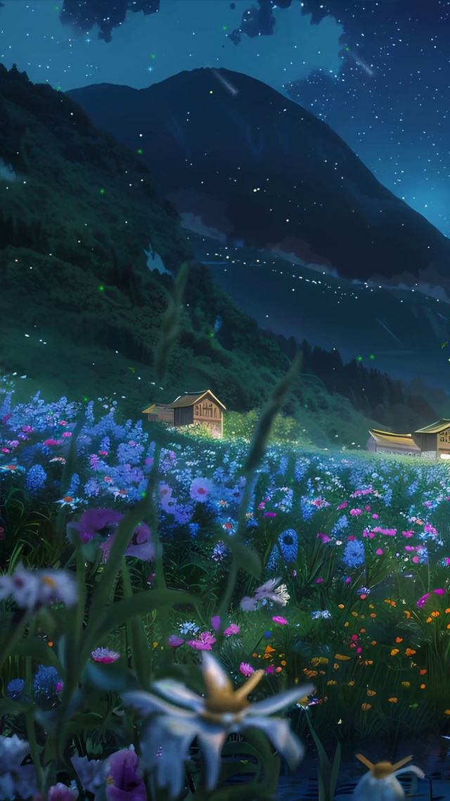 护眼绿景树木房屋星空景色