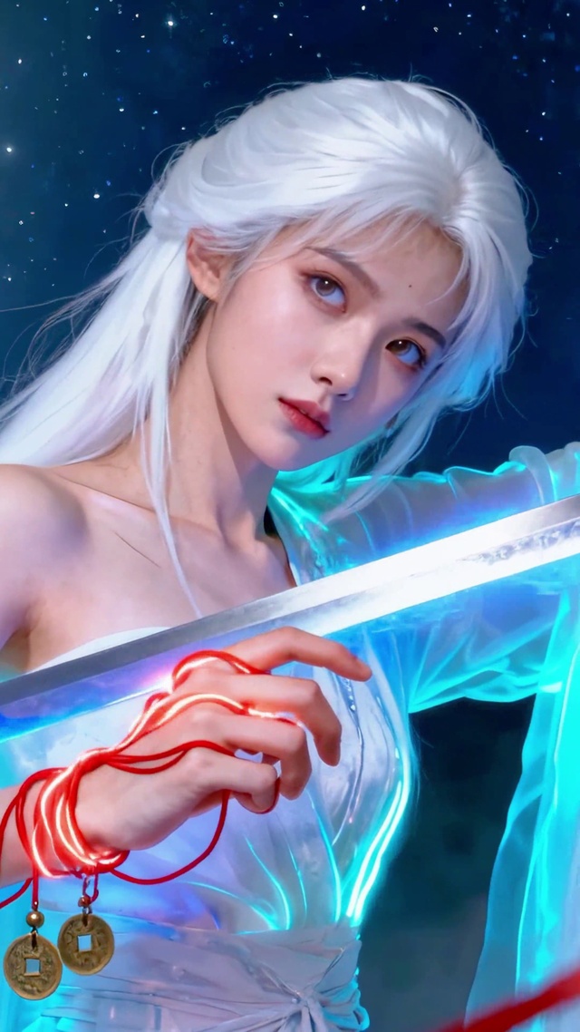 月光古风红线白发女孩荧光特效