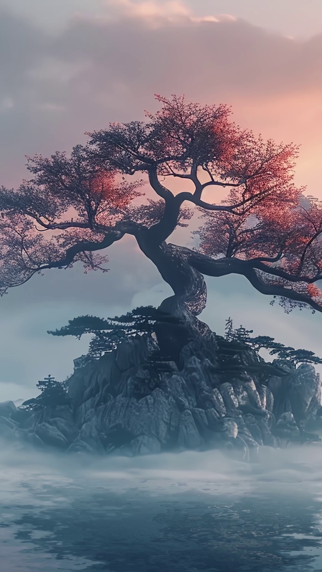 仙境孤岛神树晚霞