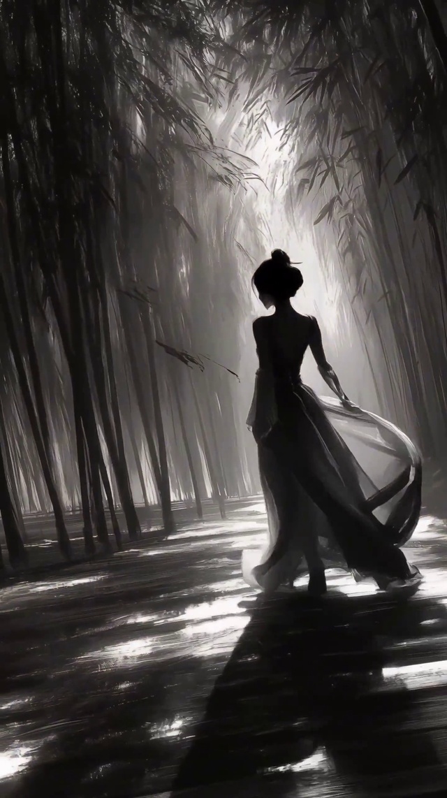 循环竹林少女背影