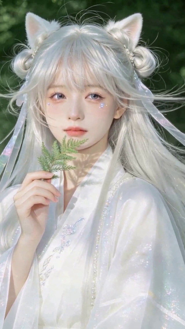 林间白发猫耳古风少女