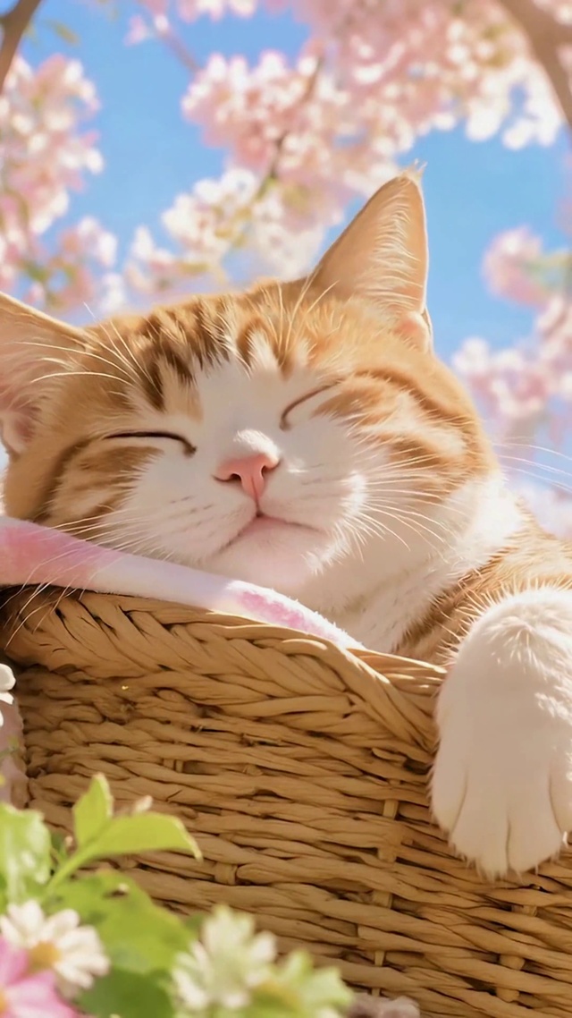 樱花下酣睡的软萌橘猫