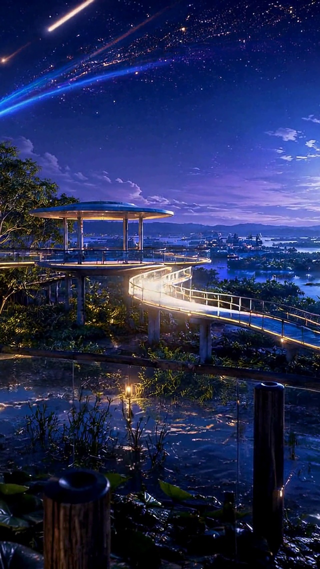 月夜星空江畔观景步道