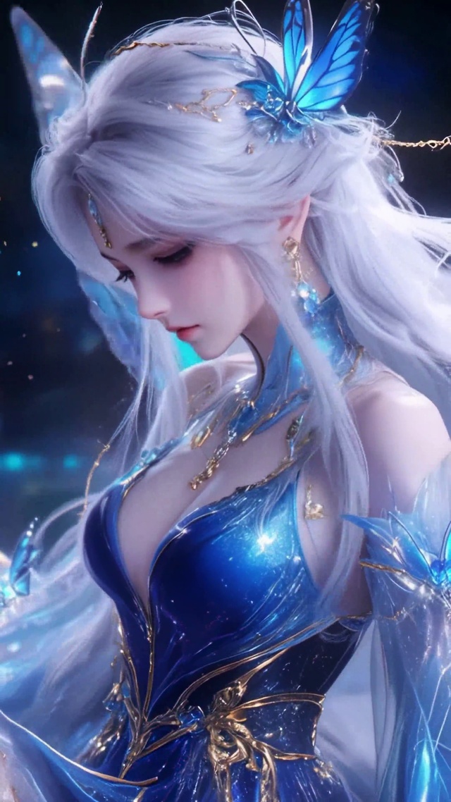 幽蓝蝴蝶白发精灵少女