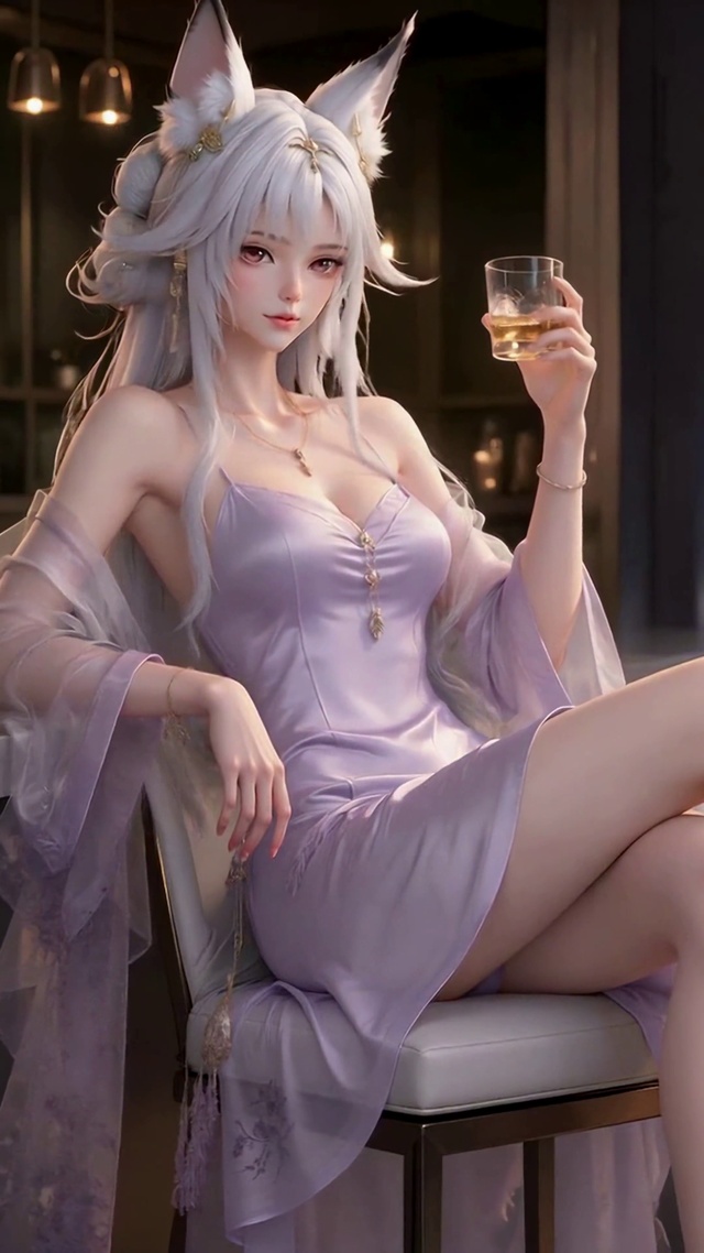 银发狐耳紫裙都市美少女
