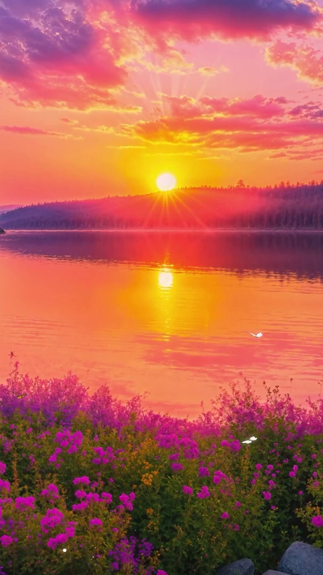 夕阳湖畔花草