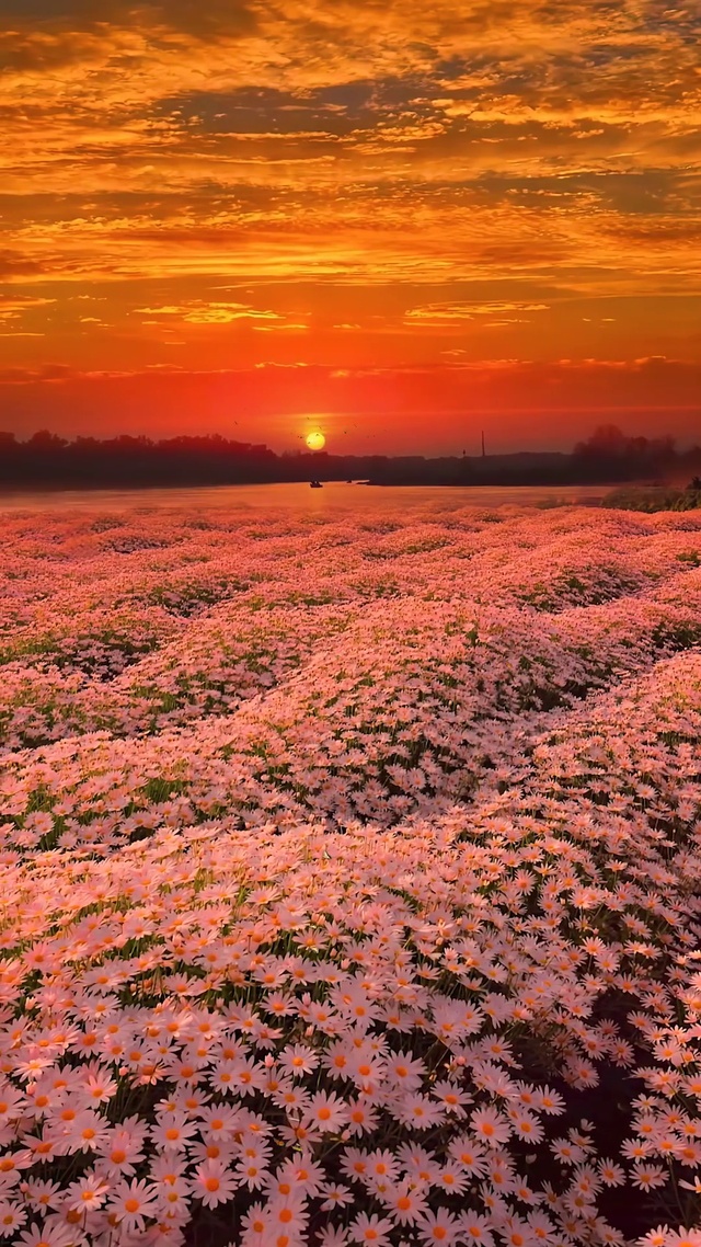 夕阳下的雏菊花海