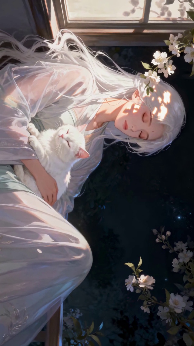 国风古风白发女孩与白猫惬意夜晚