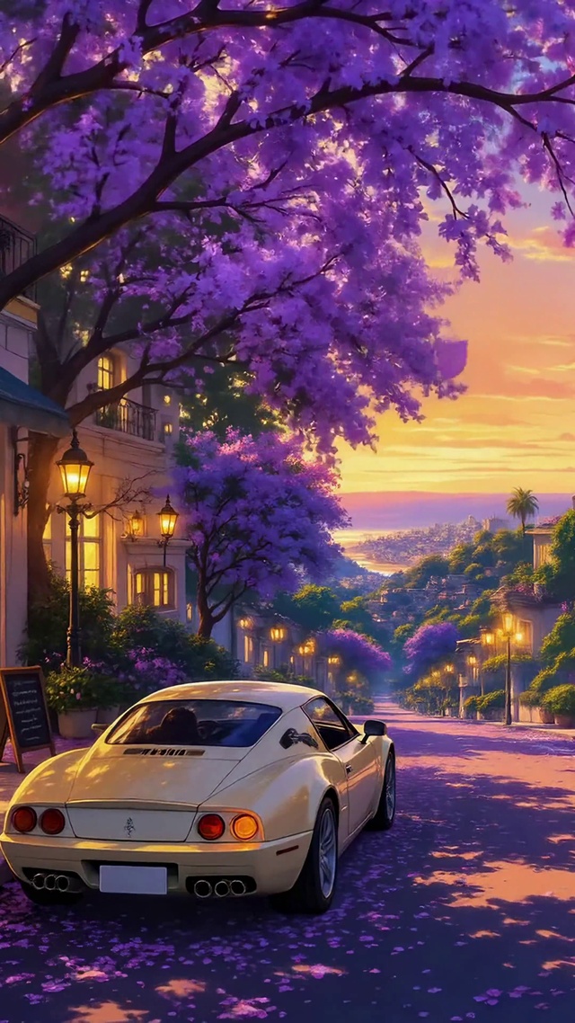 黄昏紫花小镇浪漫街景