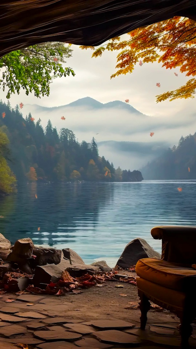 秋天湖畔温馨小屋