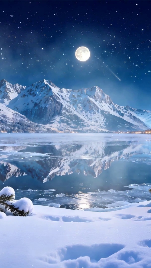 夜景树木雪景