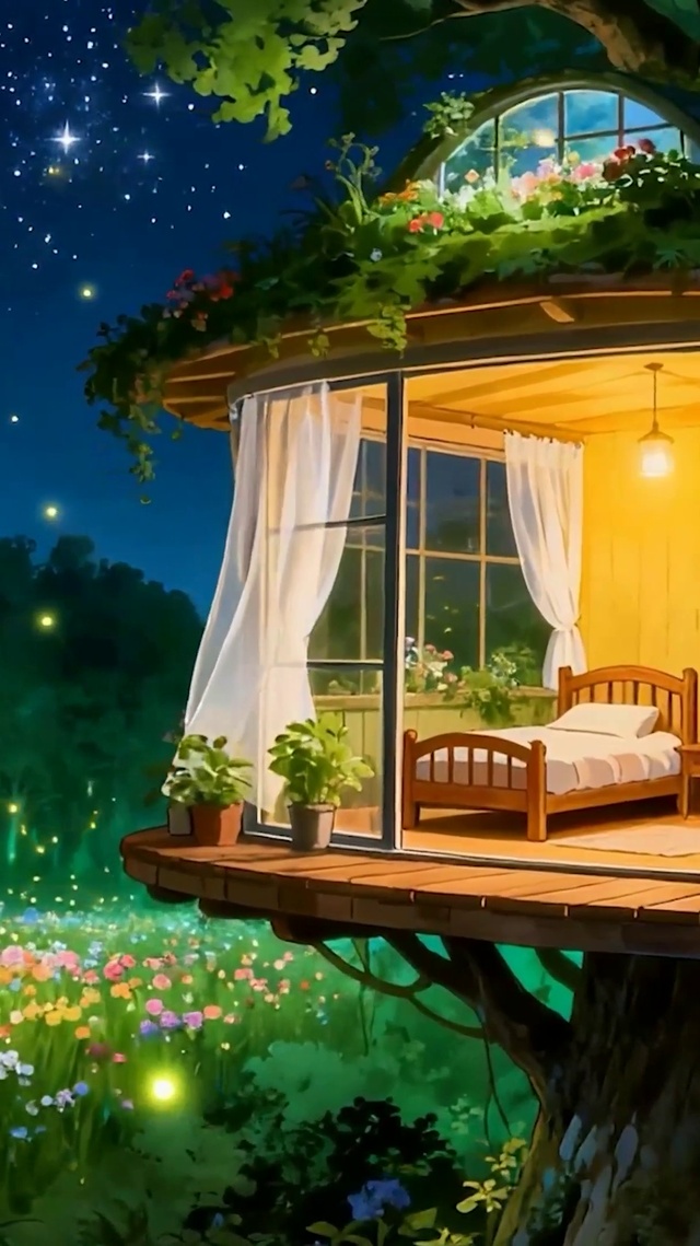 夜景护眼树木萤火虫