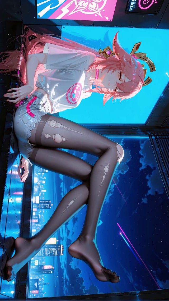 赛博夜景粉发二次元美少女