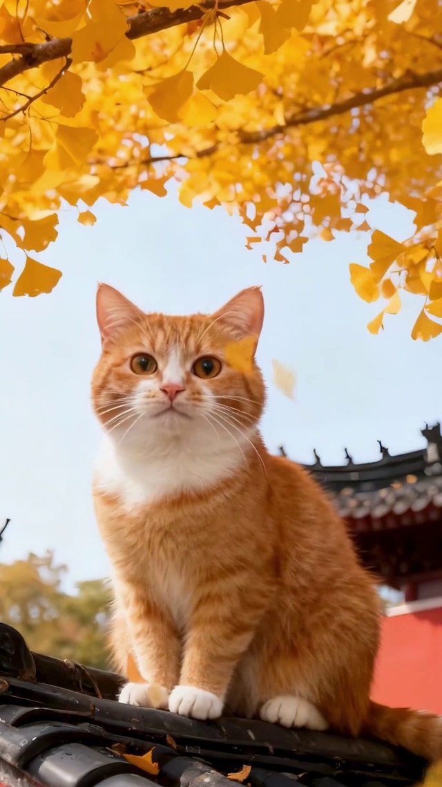深秋落叶红墙下的小奶猫眺望远方