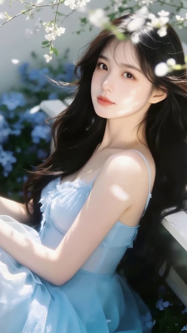 花园蓝裙少女