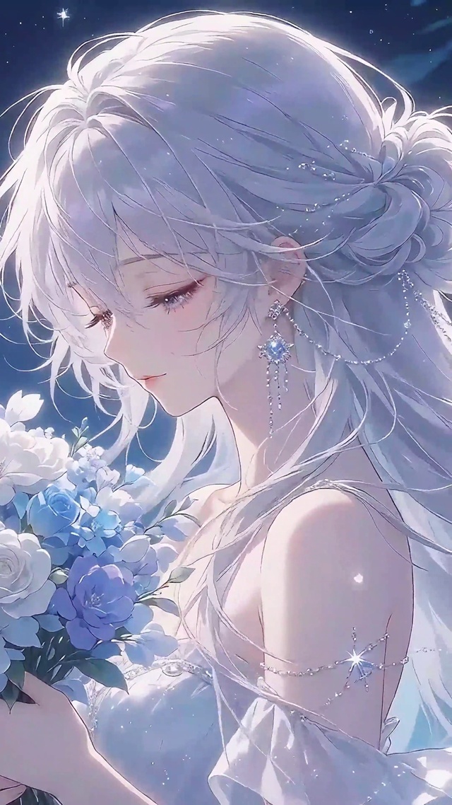 捧花白发少女
