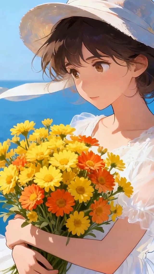 海边拿鲜花女孩