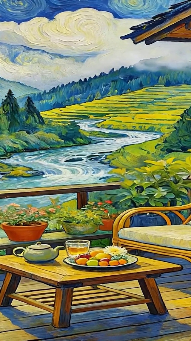 油画溪流景