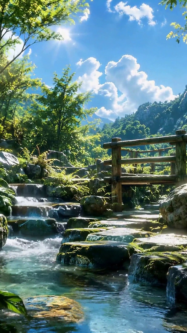 阳光林间清溪，治愈系自然风景