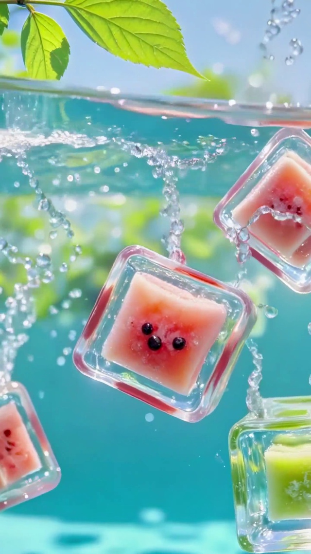 夏天掉进水里的水果冰块