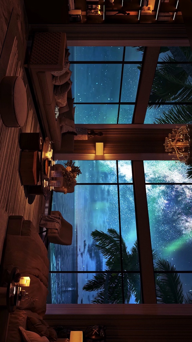 唯美海上星空极光