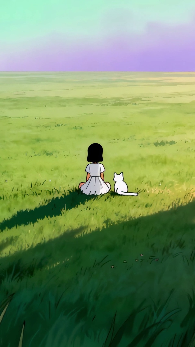 动漫草原小女孩和猫咪看日出