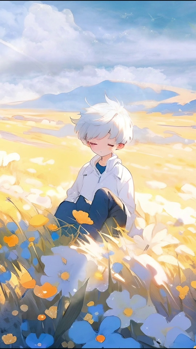 花地上的忧郁小男孩