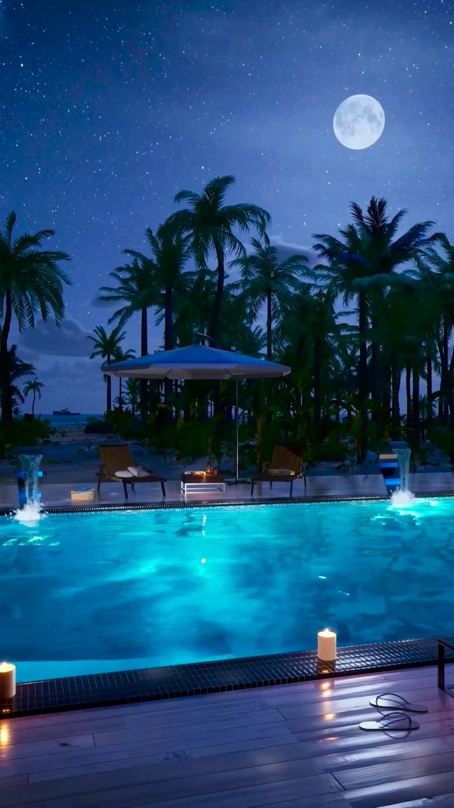 夜晚海边别墅泳池