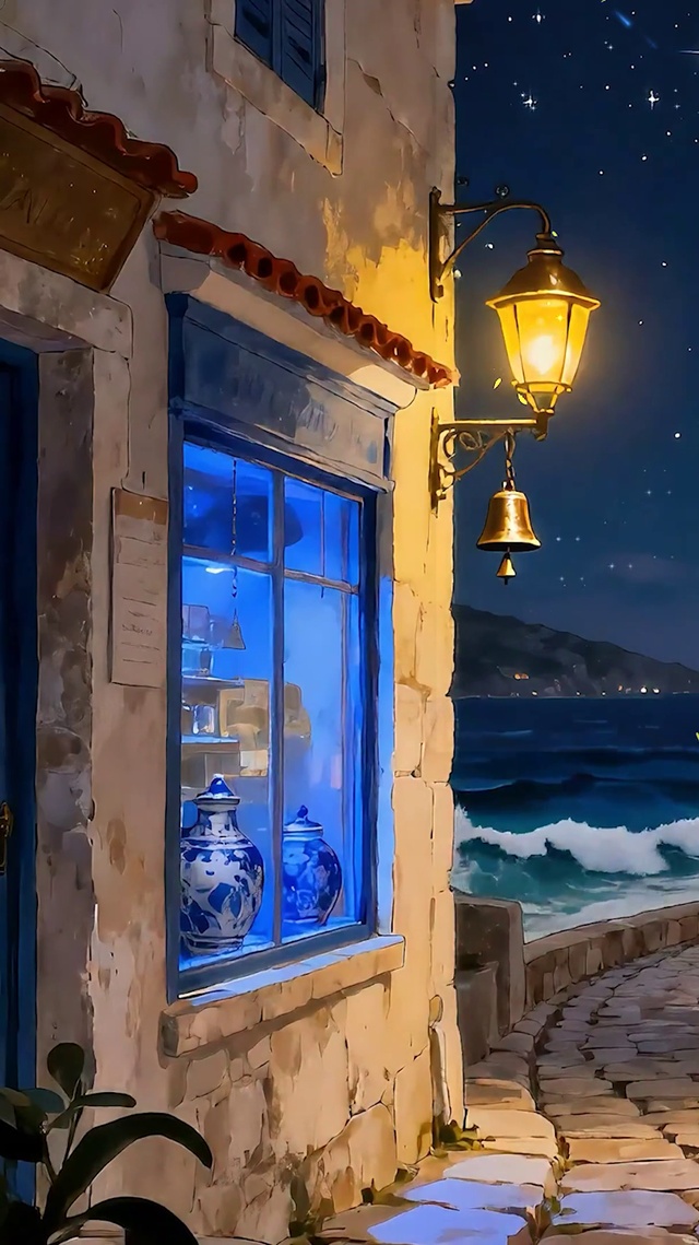 夜景海景房屋树木