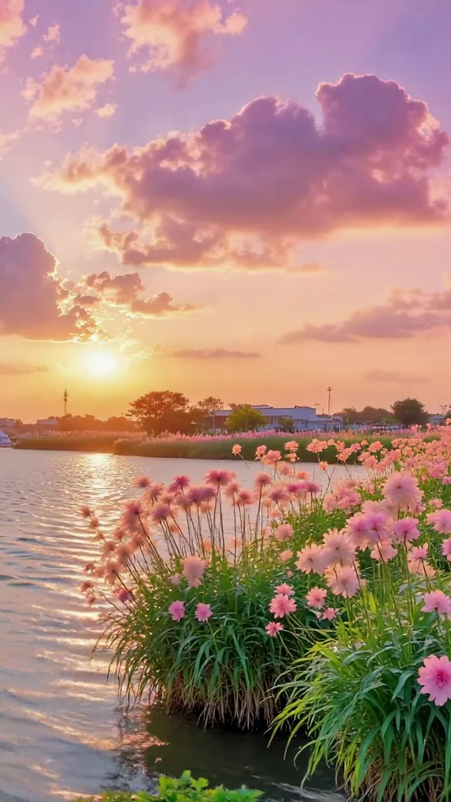 夕阳河畔粉色花海