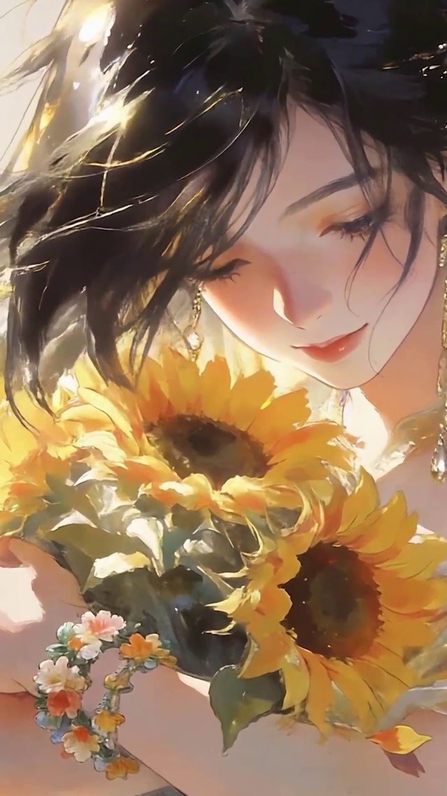 抱着菊花女孩