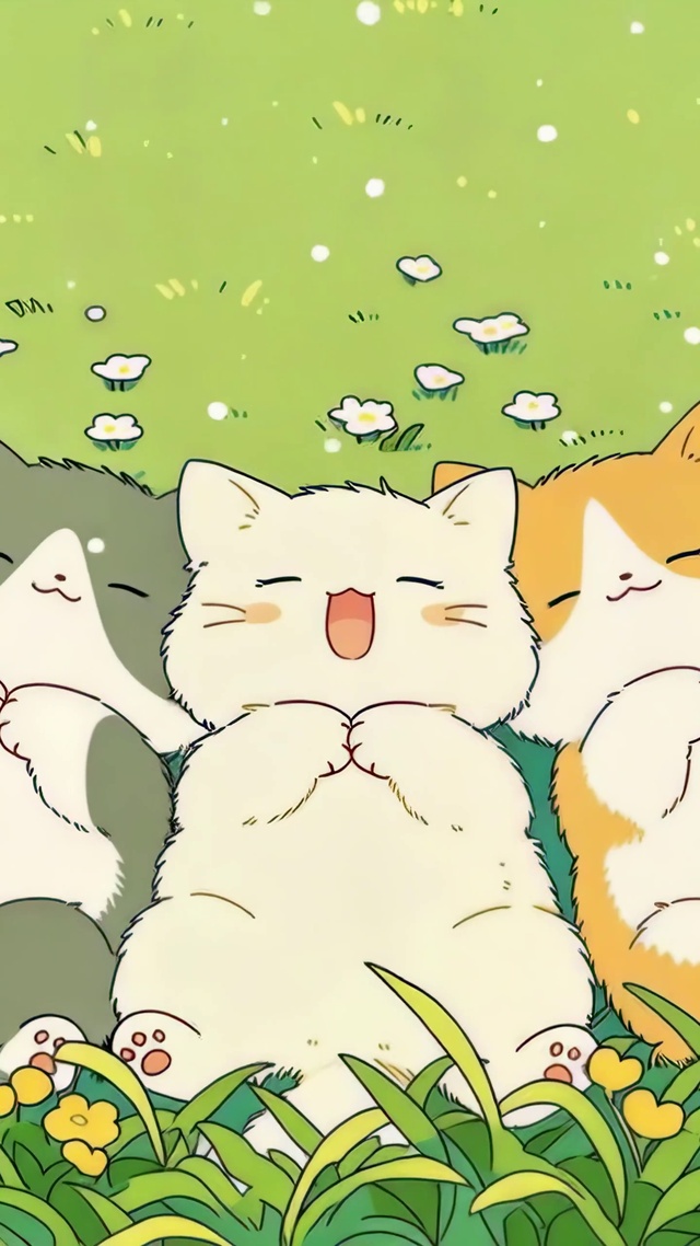 春日草坪上的三只小猫咪