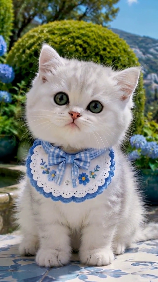 蓝色绣球花园可爱小奶猫