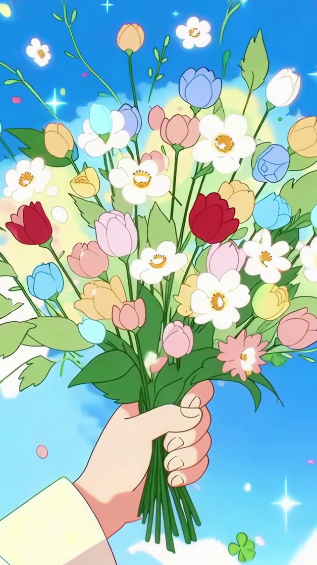 蓝天下的缤纷花束