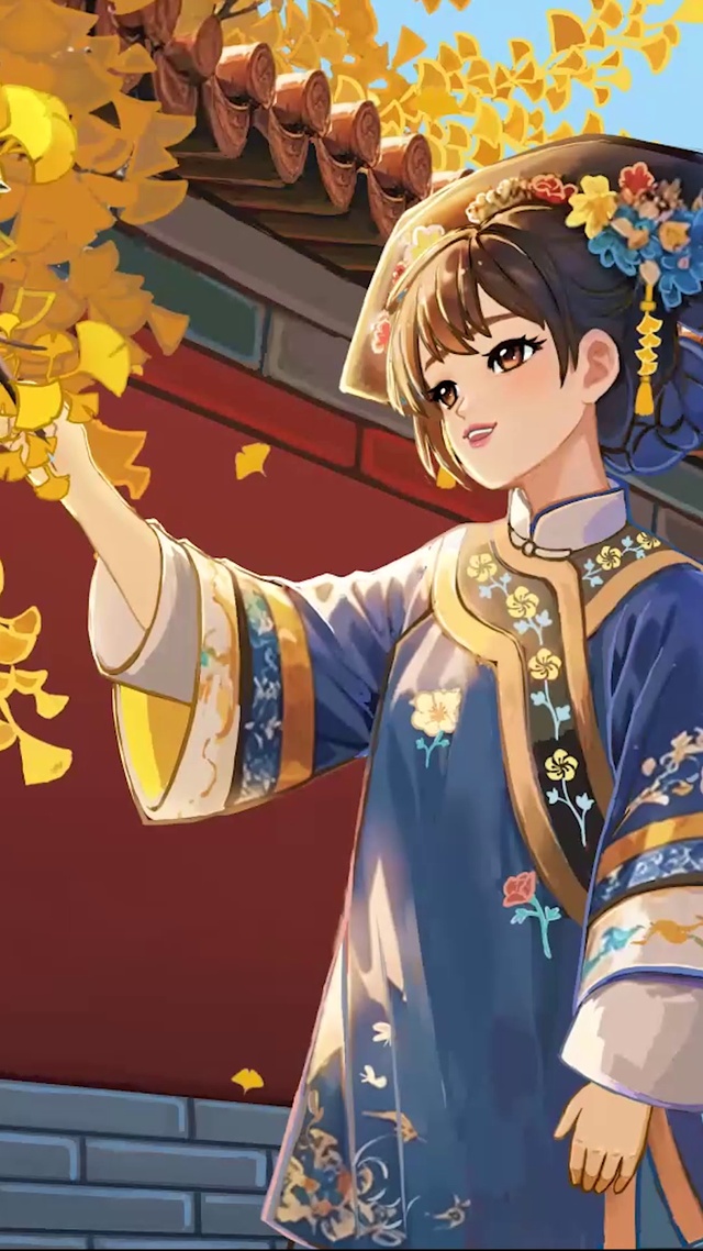 红墙、银杏、小鸟和少女