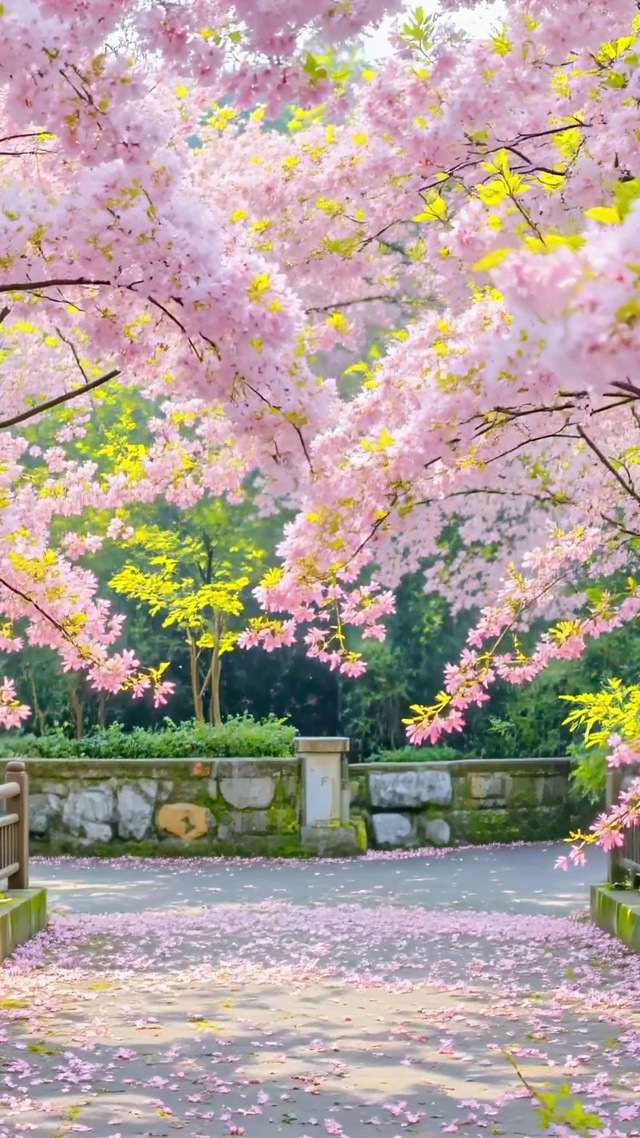 落满樱花的林间步道