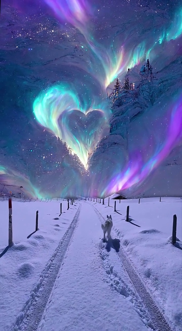 浪漫极光下的小狗