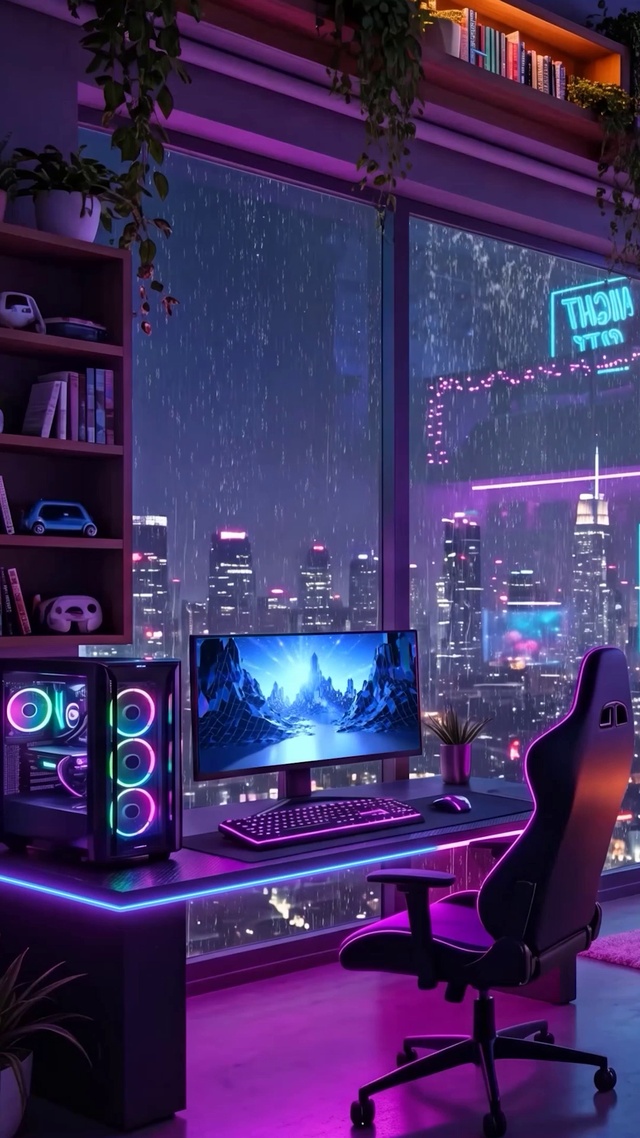 霓虹雨夜房间