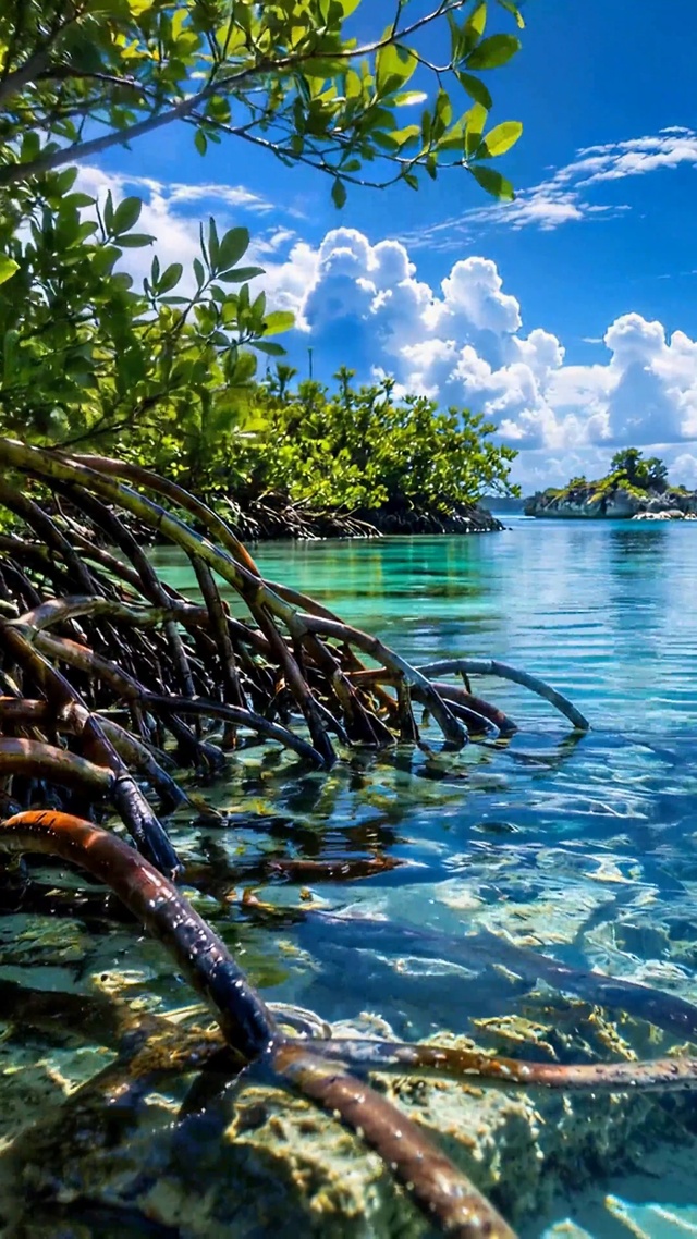 清澈蓝湾红树林治愈自然风景