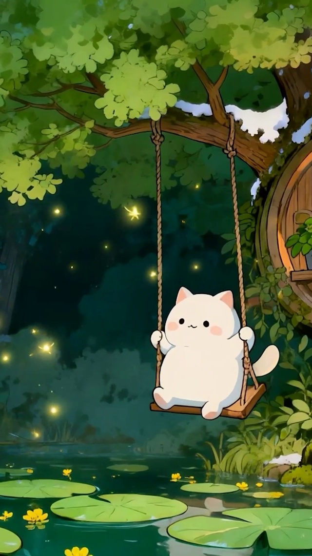 夜景森林荡秋千猫咪
