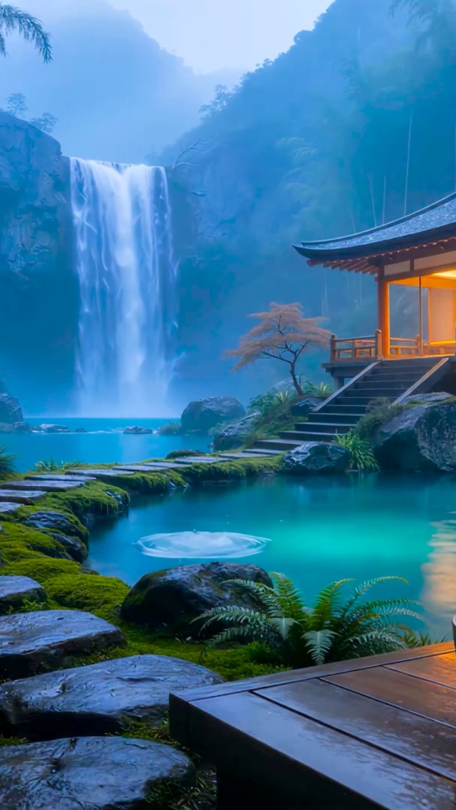 山谷瀑布木屋